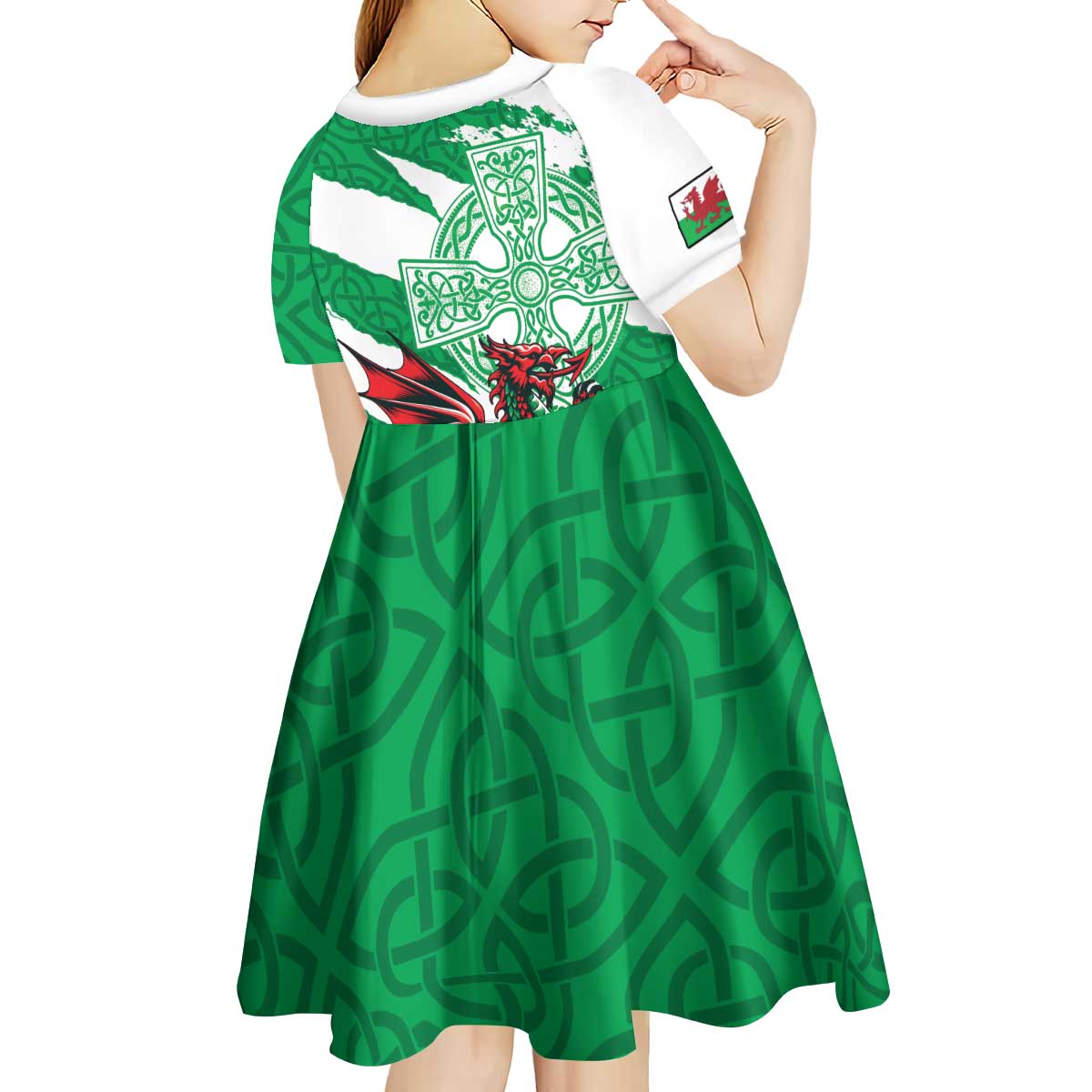 Wales Celtic Cross Kid Short Sleeve Dress Cymru Am Byth Green Version - Wonder Print Shop