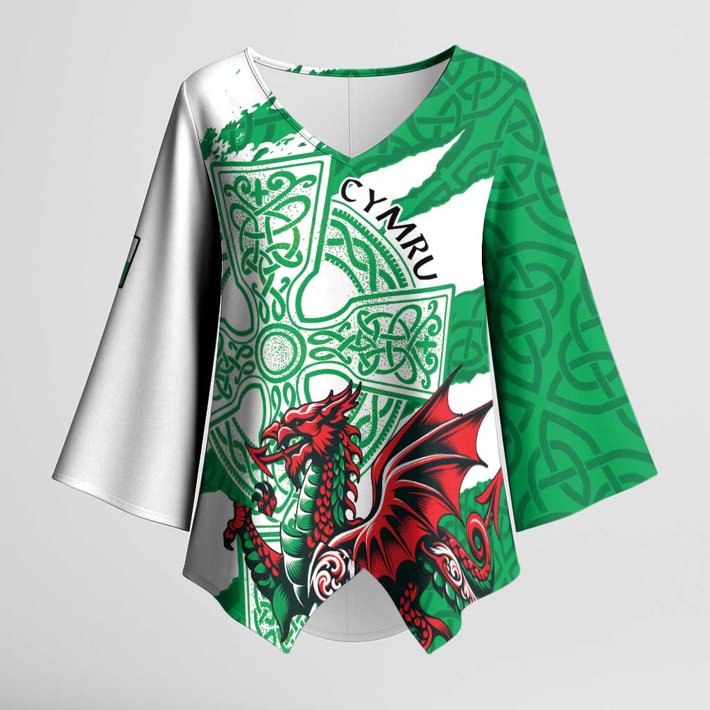 Wales Celtic Cross Kimono Sleeve Blouse Cymru Am Byth Green Version - Wonder Print Shop