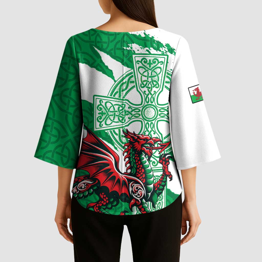 Wales Celtic Cross Kimono Sleeve Blouse Cymru Am Byth Green Version - Wonder Print Shop