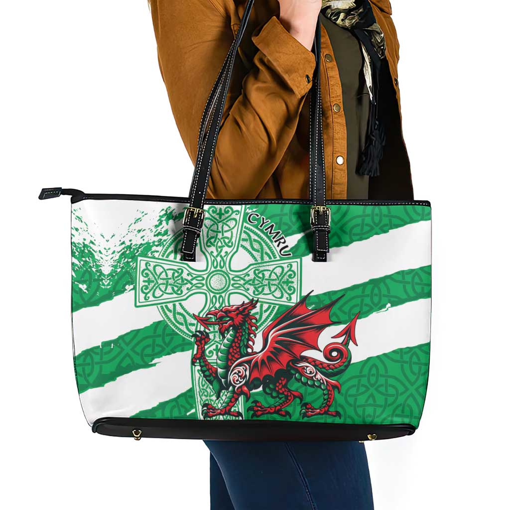 Wales Celtic Cross Leather Tote Bag Cymru Am Byth Green Version - Wonder Print Shop
