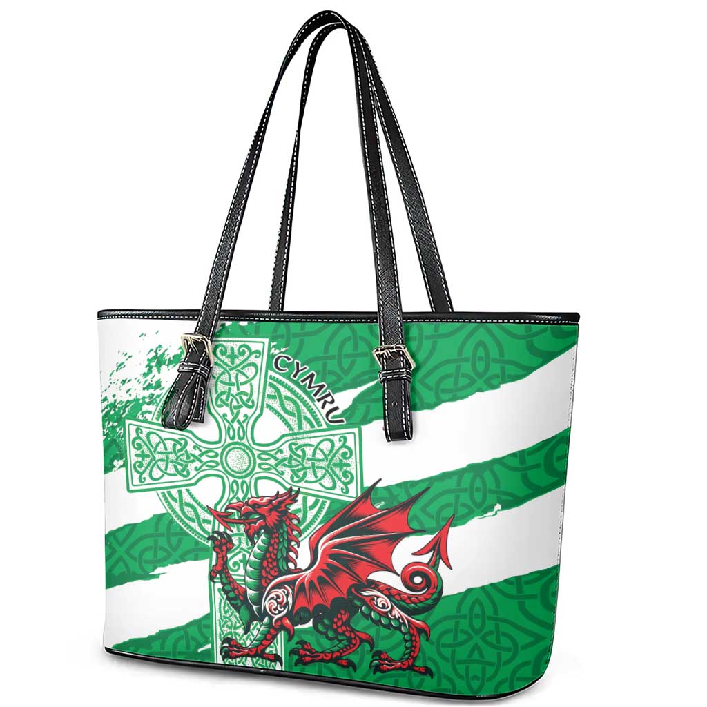 Wales Celtic Cross Leather Tote Bag Cymru Am Byth Green Version - Wonder Print Shop