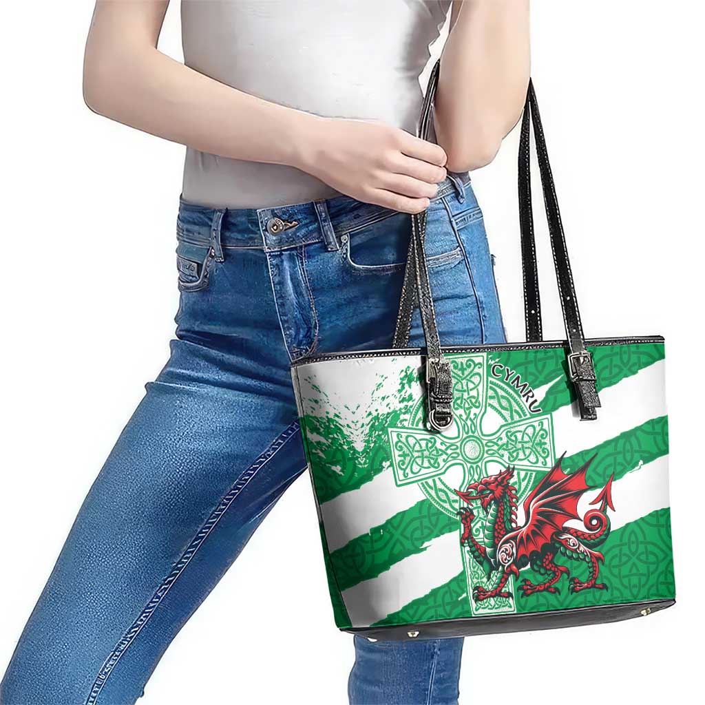 Wales Celtic Cross Leather Tote Bag Cymru Am Byth Green Version - Wonder Print Shop