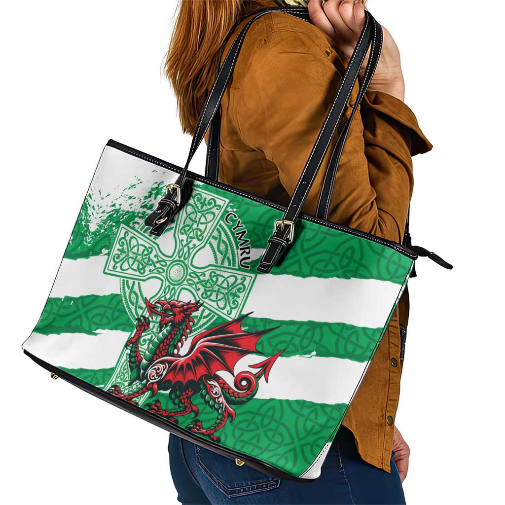 Wales Celtic Cross Leather Tote Bag Cymru Am Byth Green Version - Wonder Print Shop