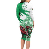 Wales Celtic Cross Long Sleeve Bodycon Dress Cymru Am Byth Green Version - Wonder Print Shop