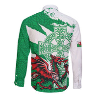Wales Celtic Cross Long Sleeve Button Shirt Cymru Am Byth Green Version - Wonder Print Shop