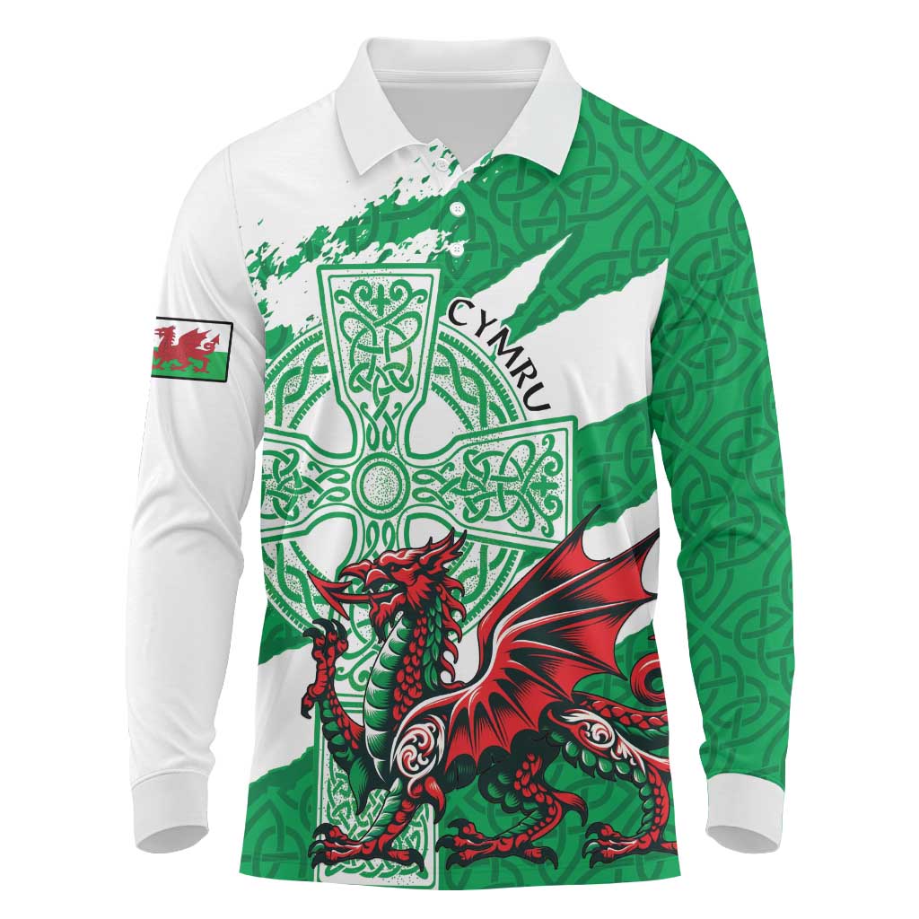 Wales Celtic Cross Long Sleeve Polo Shirt Cymru Am Byth Green Version - Wonder Print Shop