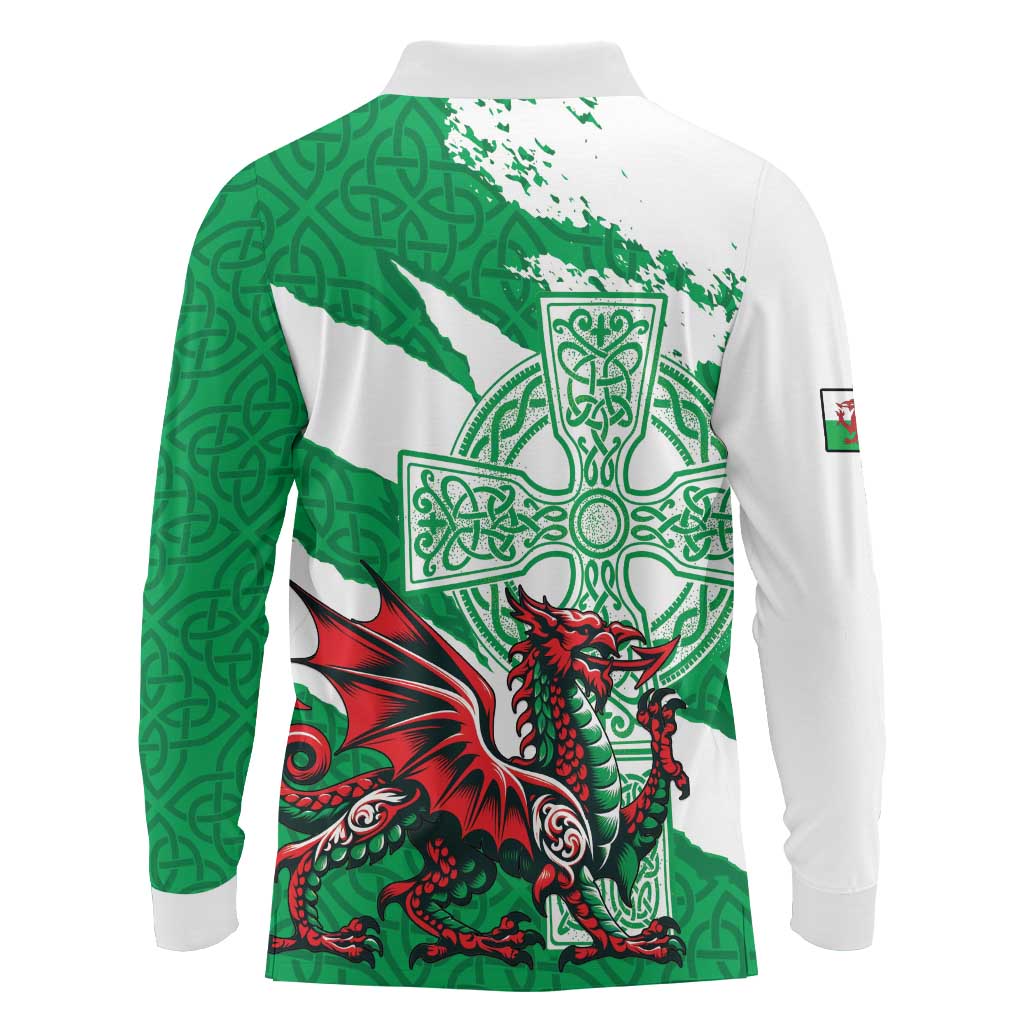 Wales Celtic Cross Long Sleeve Polo Shirt Cymru Am Byth Green Version - Wonder Print Shop