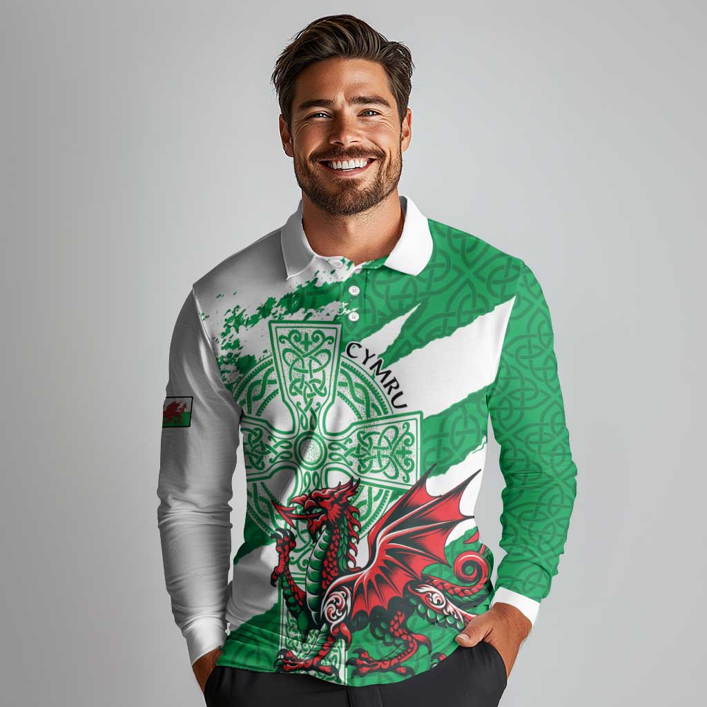 Wales Celtic Cross Long Sleeve Polo Shirt Cymru Am Byth Green Version - Wonder Print Shop