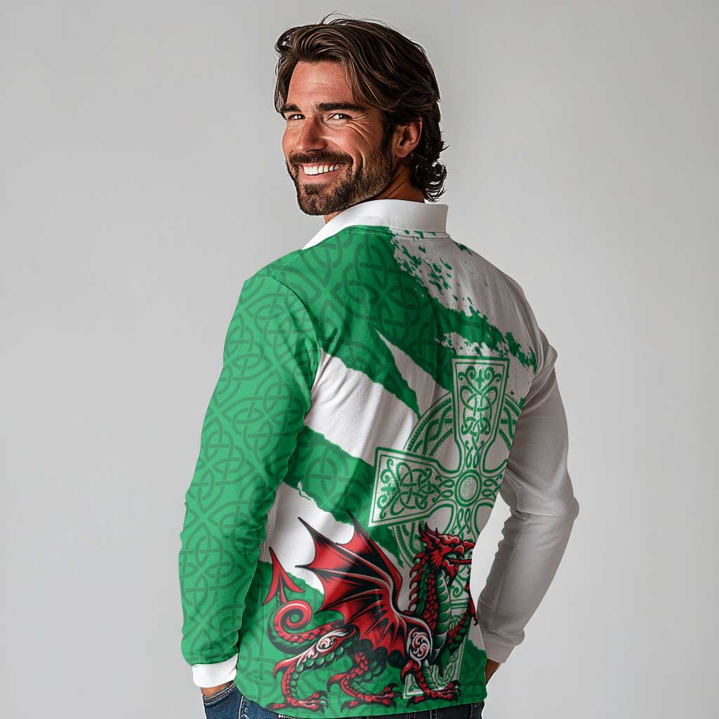 Wales Celtic Cross Long Sleeve Polo Shirt Cymru Am Byth Green Version - Wonder Print Shop
