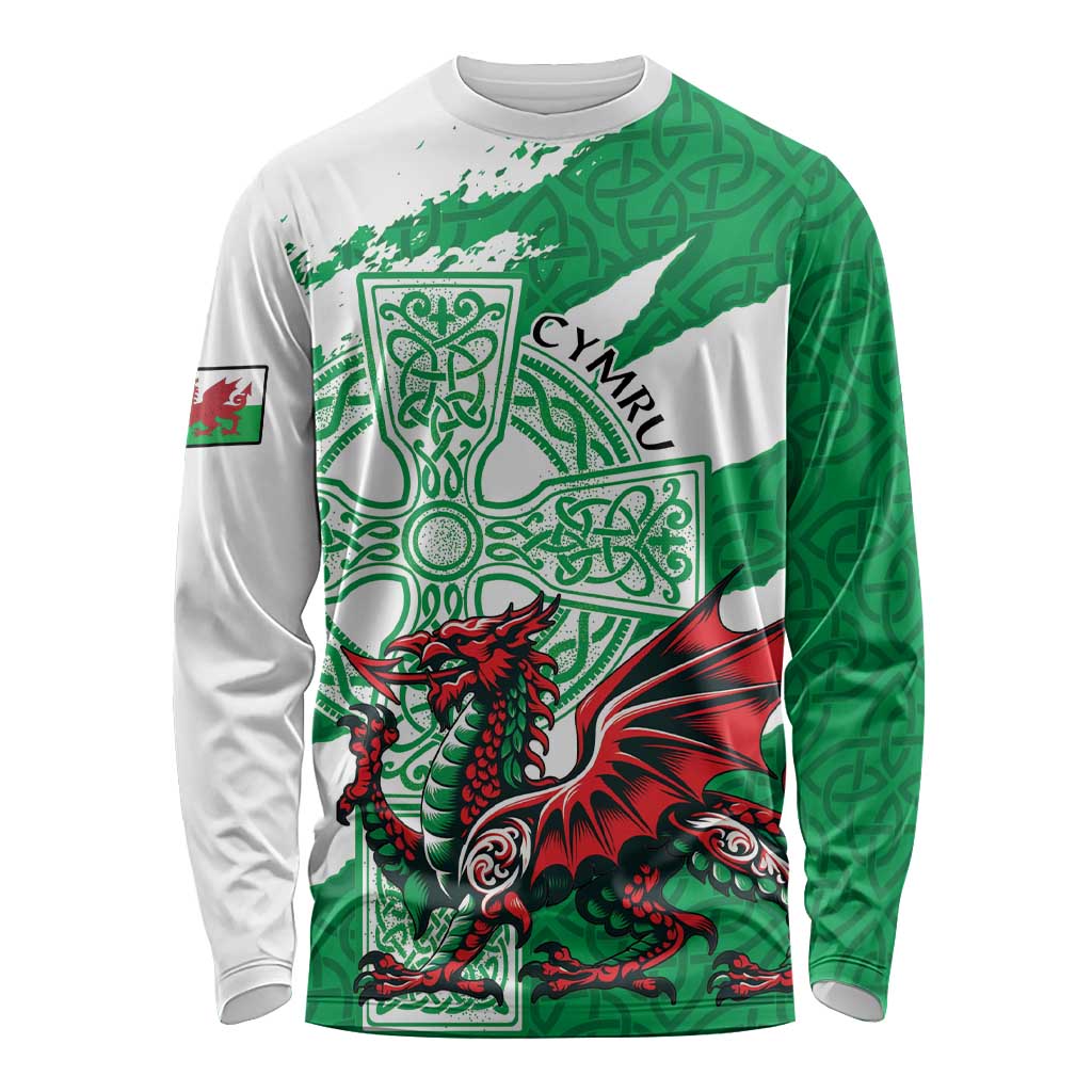 Wales Celtic Cross Long Sleeve Shirt Cymru Am Byth Green Version - Wonder Print Shop