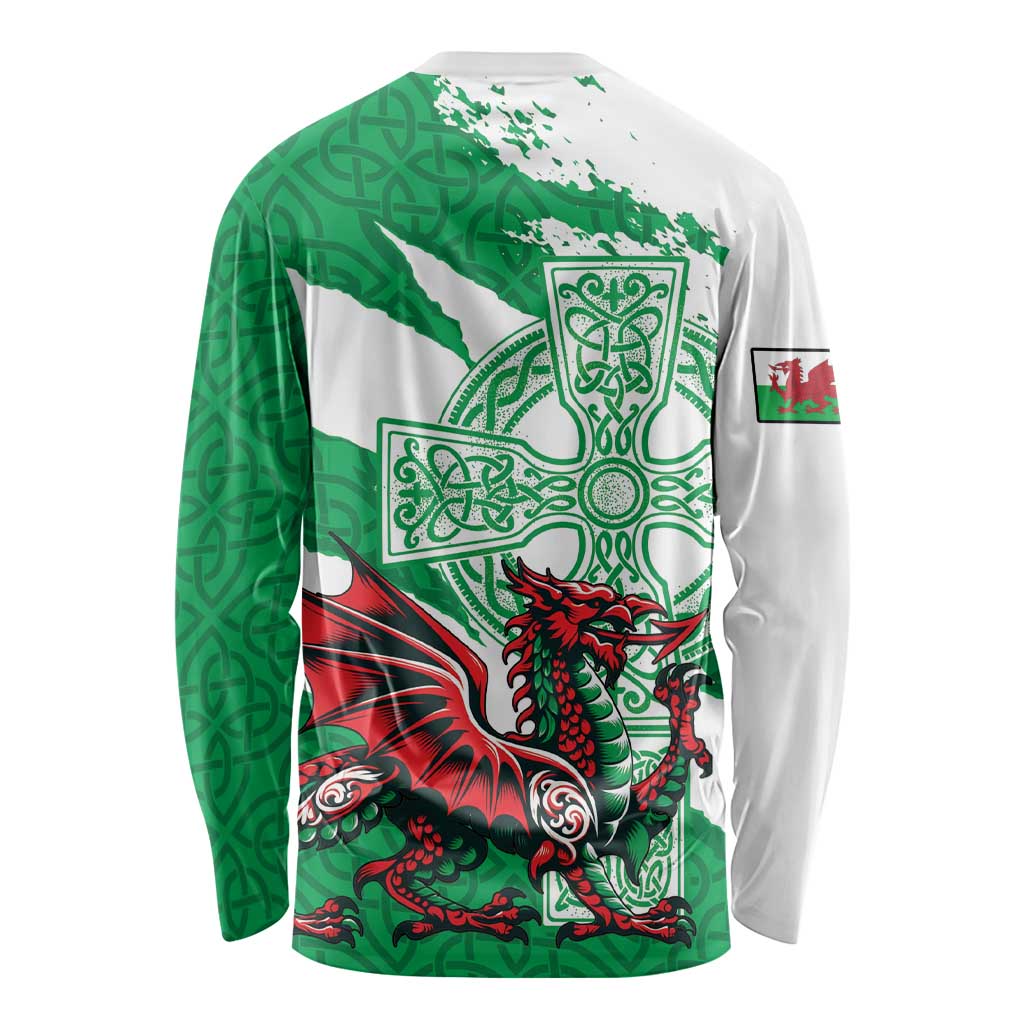 Wales Celtic Cross Long Sleeve Shirt Cymru Am Byth Green Version - Wonder Print Shop
