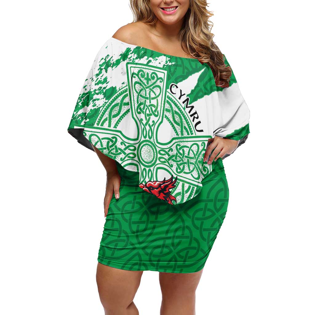 Wales Celtic Cross Off Shoulder Short Dress Cymru Am Byth Green Version - Wonder Print Shop