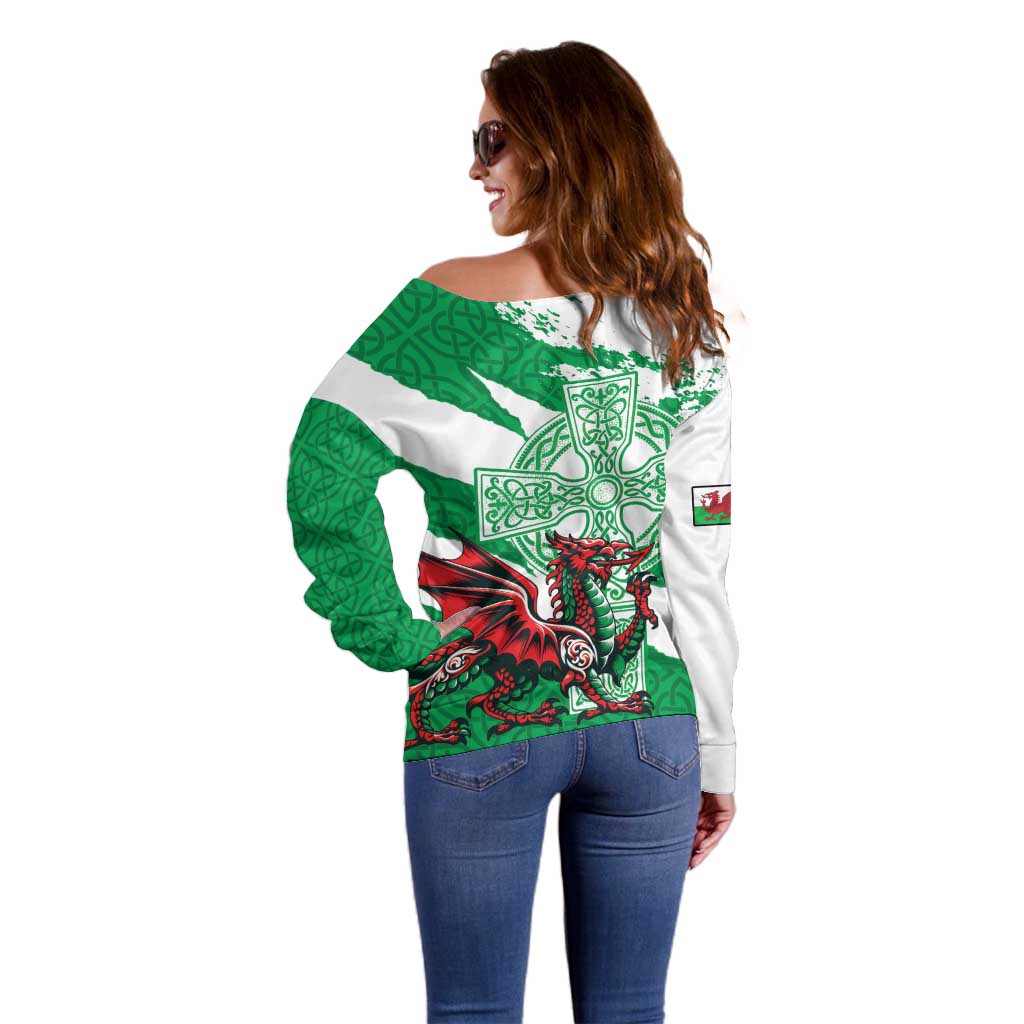Wales Celtic Cross Off Shoulder Sweater Cymru Am Byth Green Version - Wonder Print Shop
