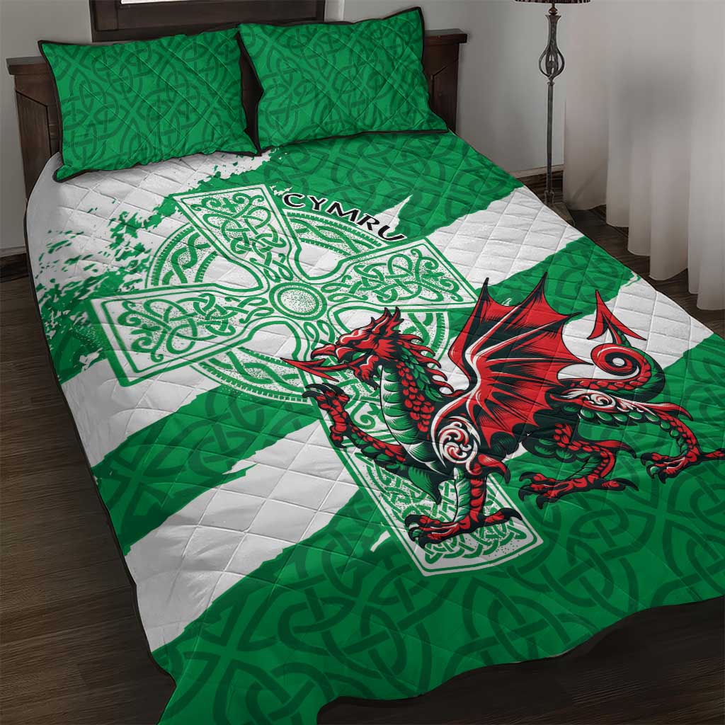 Wales Celtic Cross Quilt Bed Set Cymru Am Byth Green Version - Wonder Print Shop