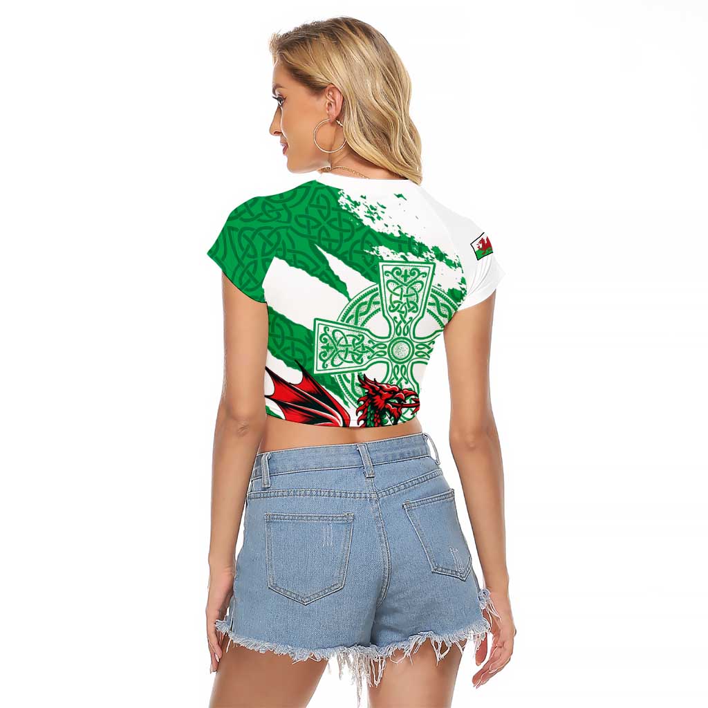 Wales Celtic Cross Raglan Cropped T Shirt Cymru Am Byth Green Version - Wonder Print Shop