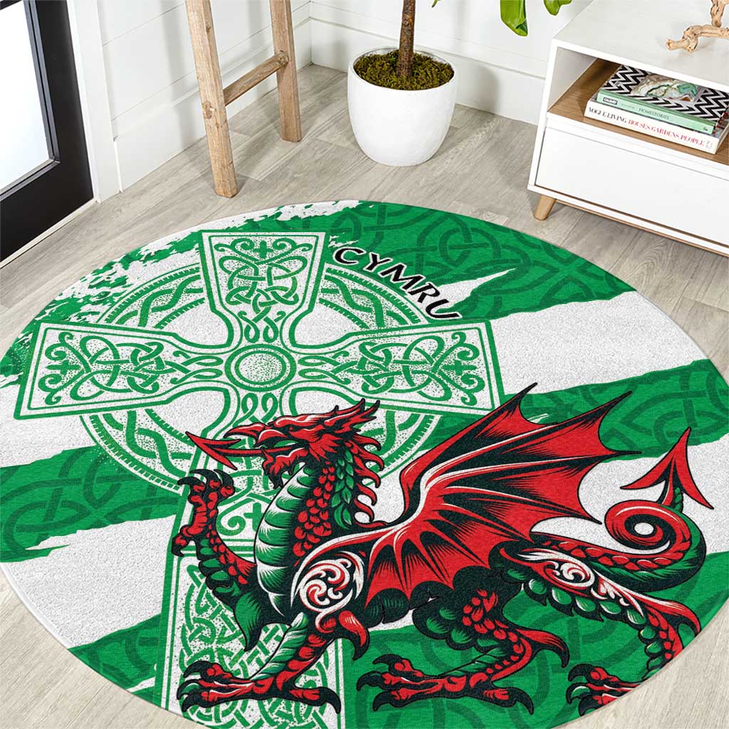 Wales Celtic Cross Round Carpet Cymru Am Byth Green Version - Wonder Print Shop