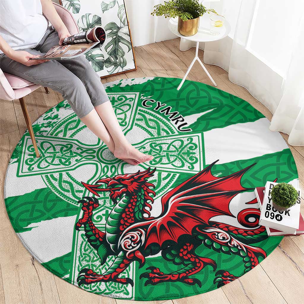 Wales Celtic Cross Round Carpet Cymru Am Byth Green Version - Wonder Print Shop