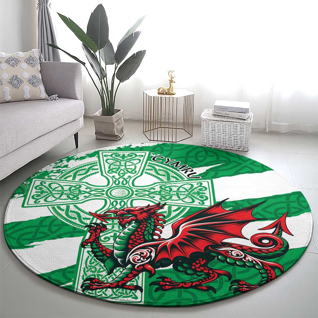 Wales Celtic Cross Round Carpet Cymru Am Byth Green Version - Wonder Print Shop