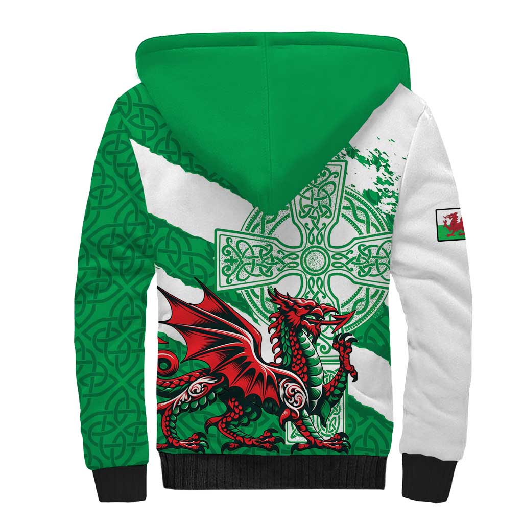 Wales Celtic Cross Sherpa Hoodie Cymru Am Byth Green Version - Wonder Print Shop