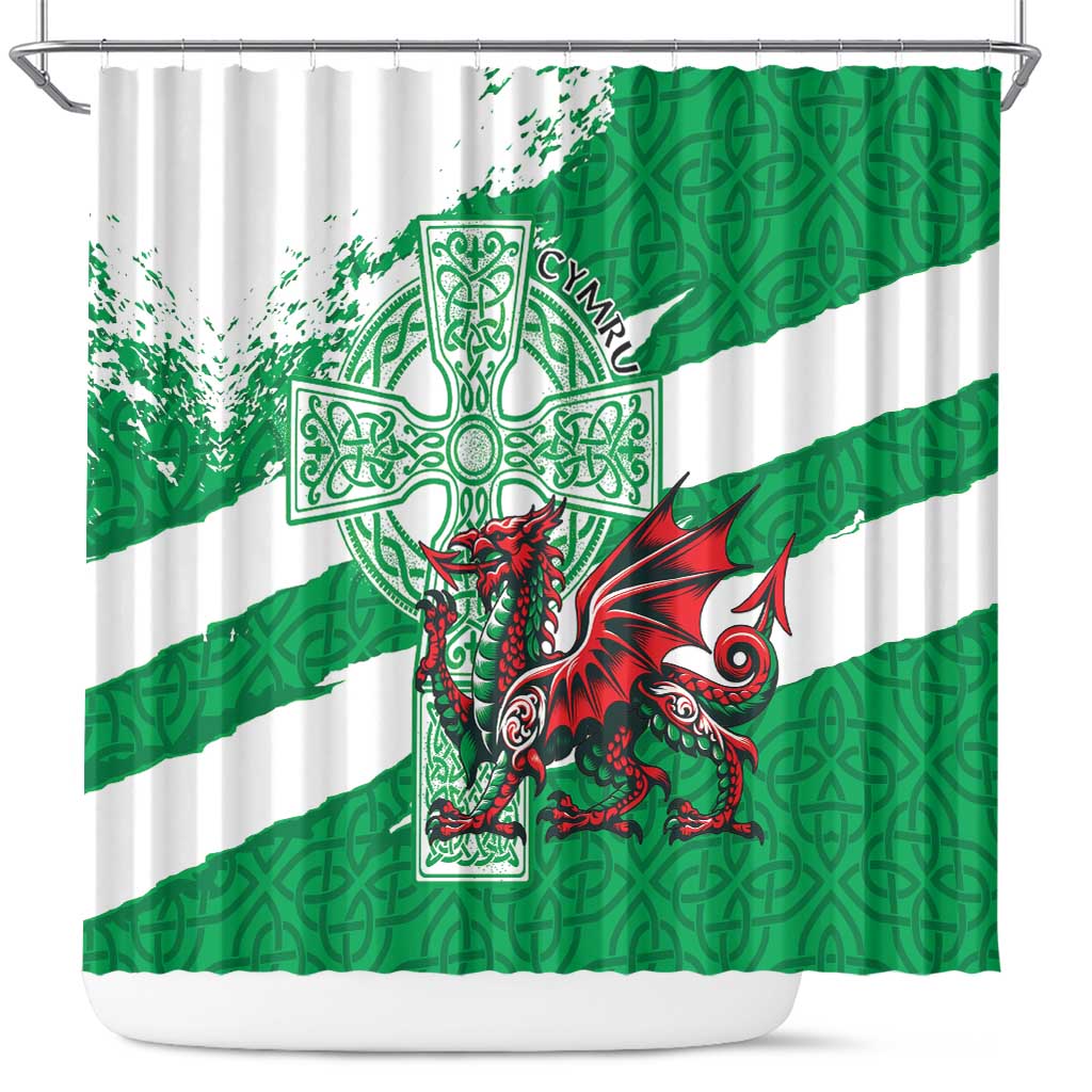 Wales Celtic Cross Shower Curtain Cymru Am Byth Green Version - Wonder Print Shop