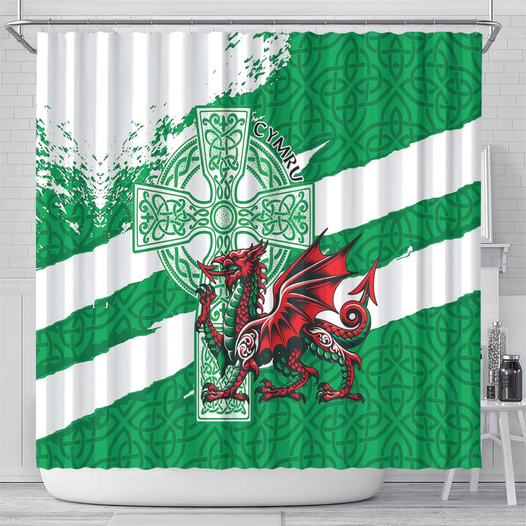 Wales Celtic Cross Shower Curtain Cymru Am Byth Green Version - Wonder Print Shop