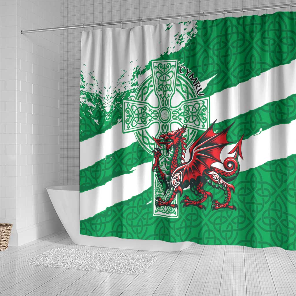 Wales Celtic Cross Shower Curtain Cymru Am Byth Green Version - Wonder Print Shop
