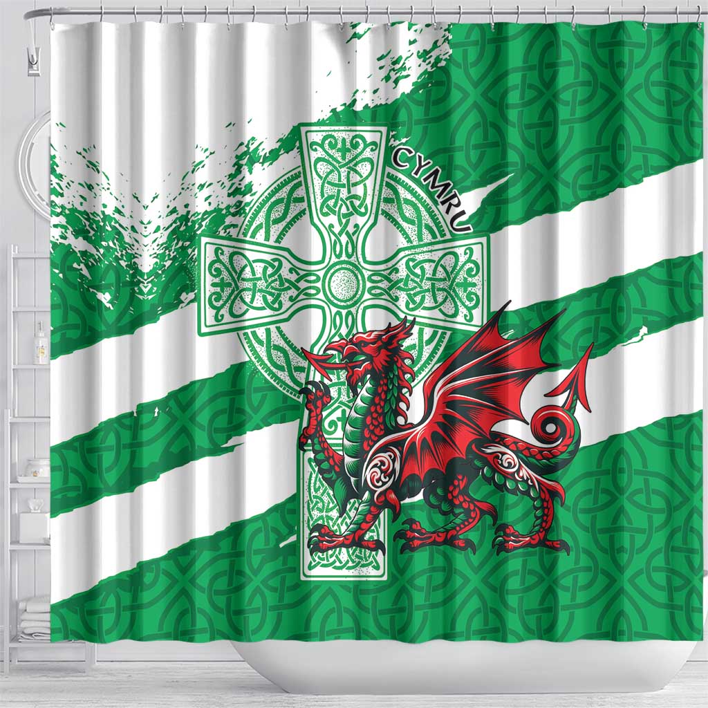 Wales Celtic Cross Shower Curtain Cymru Am Byth Green Version - Wonder Print Shop