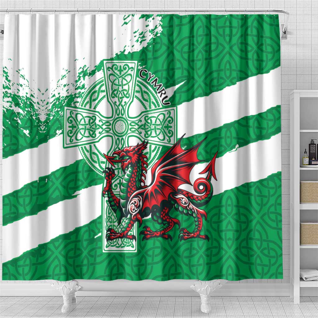 Wales Celtic Cross Shower Curtain Cymru Am Byth Green Version - Wonder Print Shop