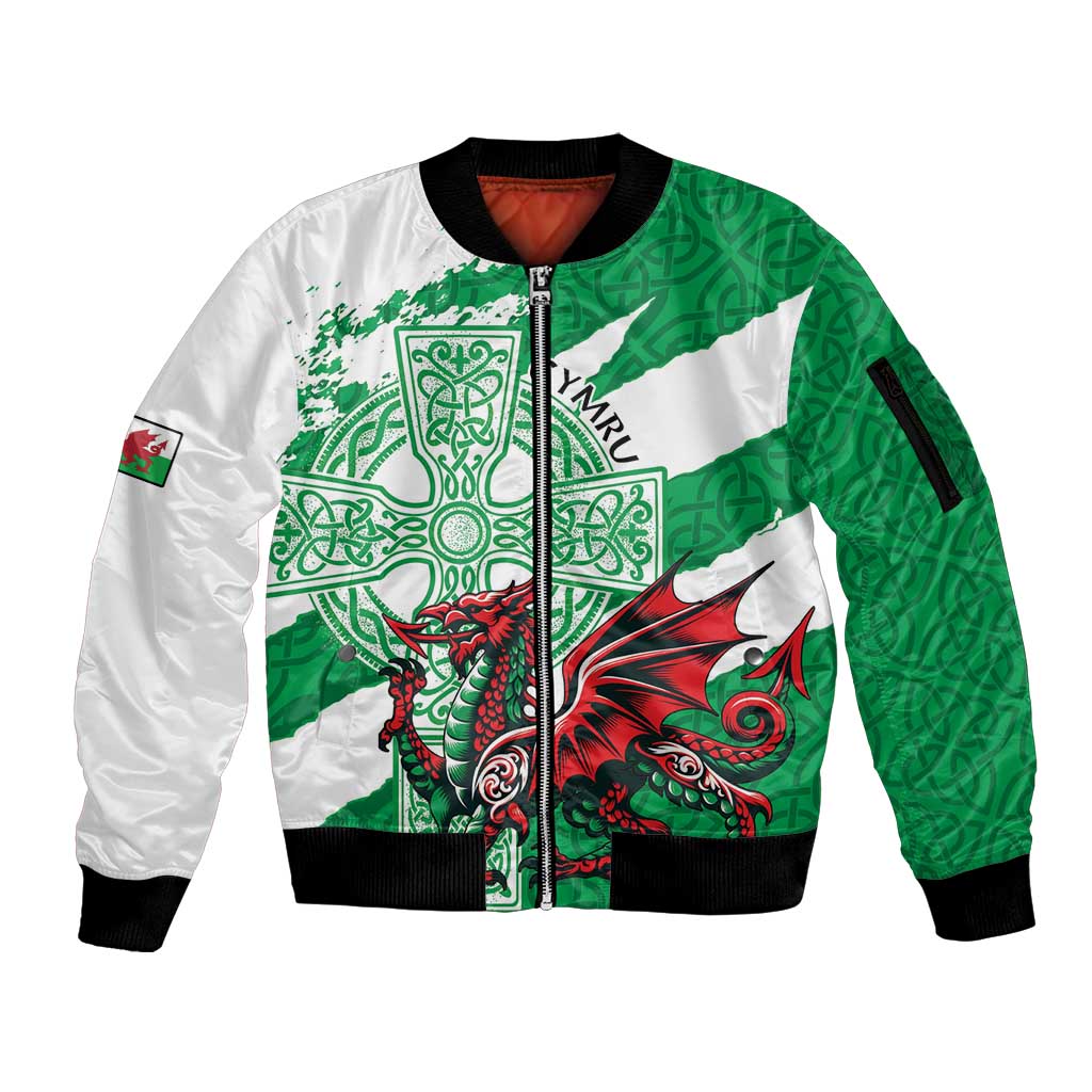 Wales Celtic Cross Sleeve Zip Bomber Jacket Cymru Am Byth Green Version - Wonder Print Shop