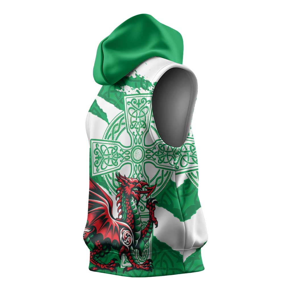 Wales Celtic Cross Sleeveless Hoodie Cymru Am Byth Green Version - Wonder Print Shop
