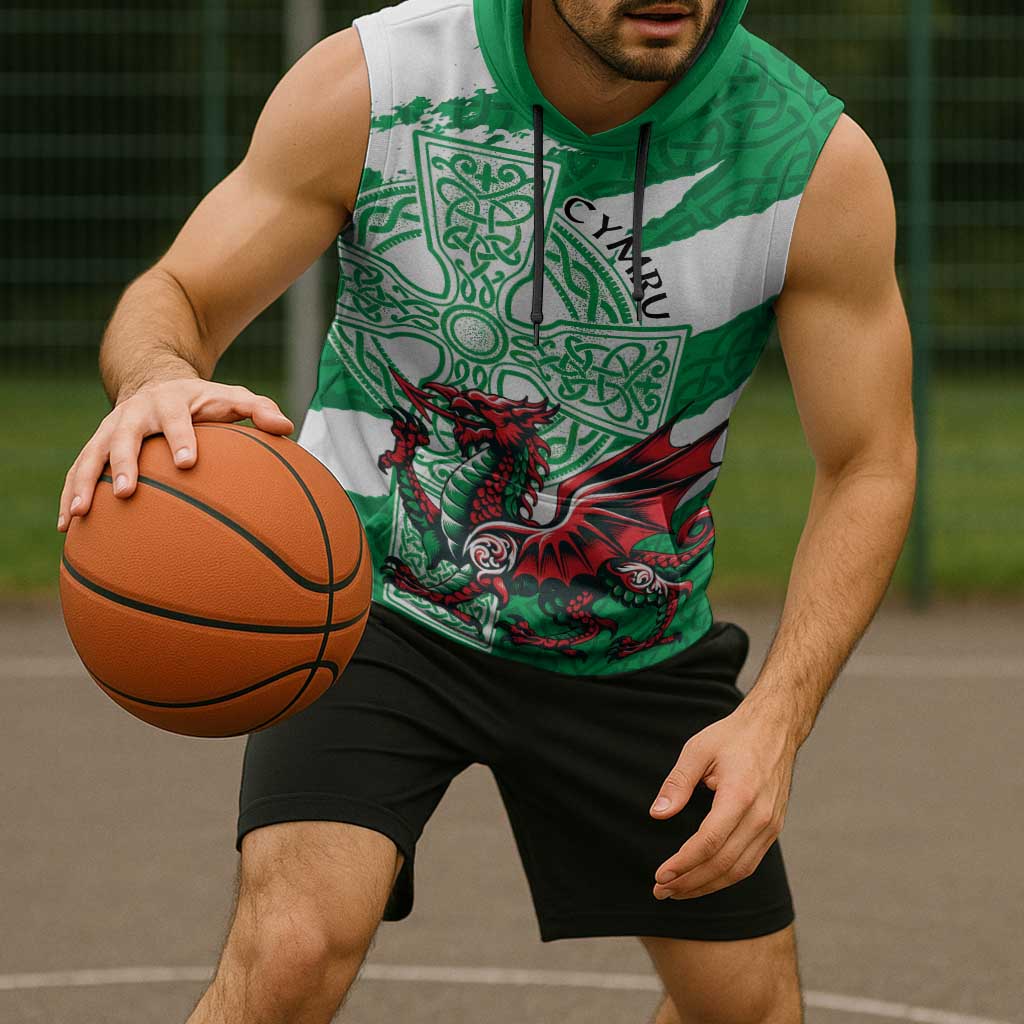 Wales Celtic Cross Sleeveless Hoodie Cymru Am Byth Green Version - Wonder Print Shop
