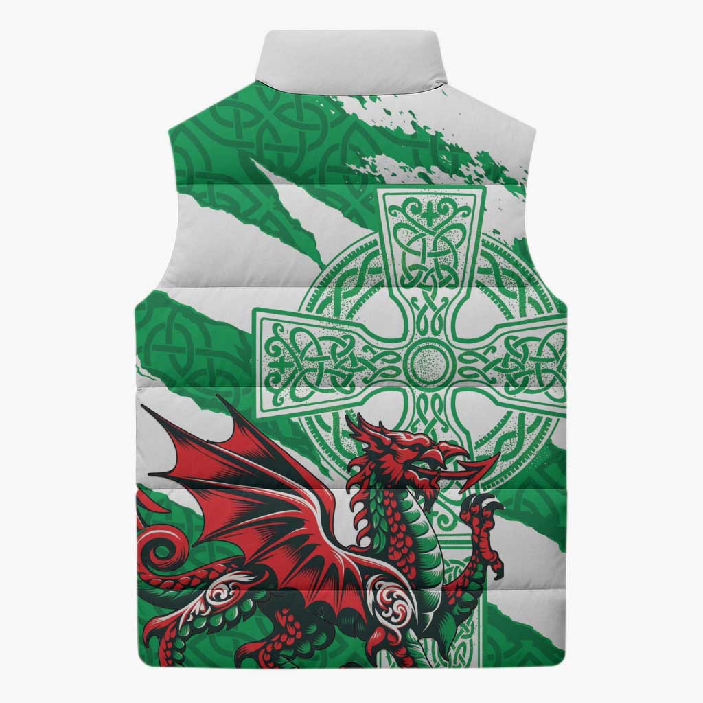Wales Celtic Cross Sleeveless Puffer Jacket Cymru Am Byth Green Version - Wonder Print Shop