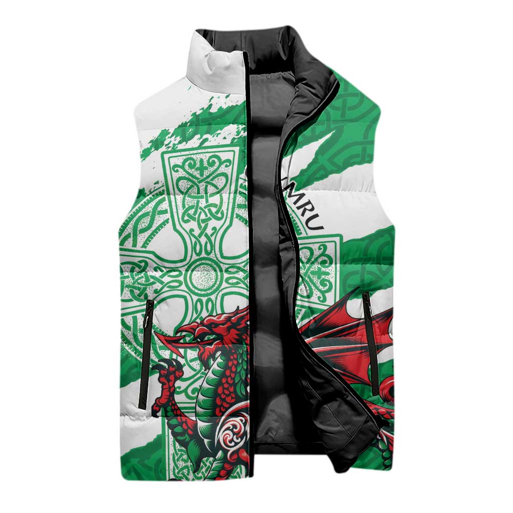 Wales Celtic Cross Sleeveless Puffer Jacket Cymru Am Byth Green Version - Wonder Print Shop