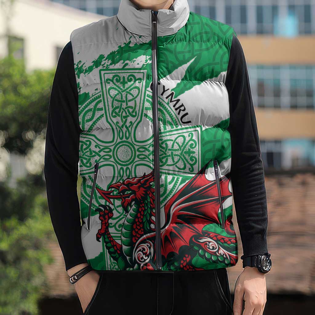 Wales Celtic Cross Sleeveless Puffer Jacket Cymru Am Byth Green Version - Wonder Print Shop