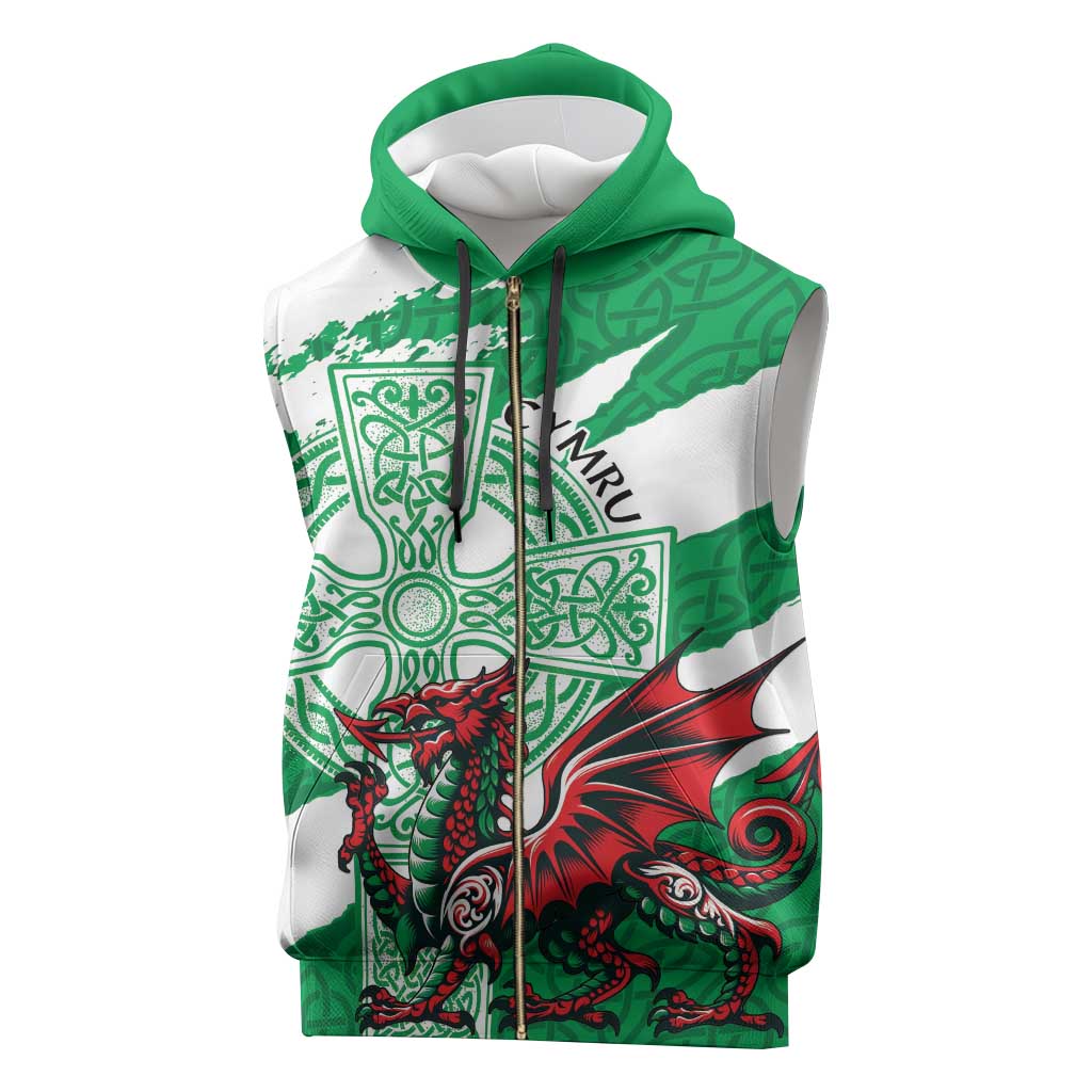 Wales Celtic Cross Sleeveless Zip Hoodie Cymru Am Byth Green Version - Wonder Print Shop