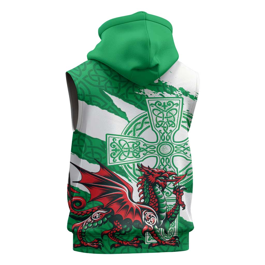 Wales Celtic Cross Sleeveless Zip Hoodie Cymru Am Byth Green Version - Wonder Print Shop