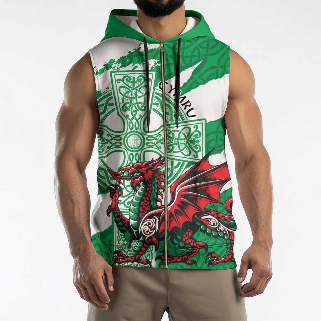 Wales Celtic Cross Sleeveless Zip Hoodie Cymru Am Byth Green Version - Wonder Print Shop