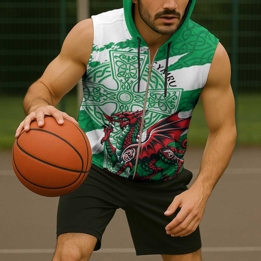 Wales Celtic Cross Sleeveless Zip Hoodie Cymru Am Byth Green Version - Wonder Print Shop