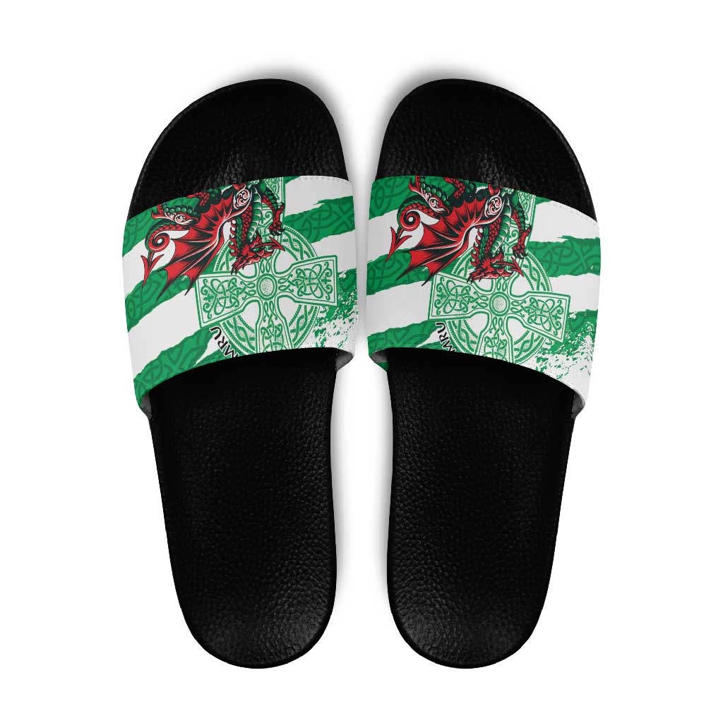 Wales Celtic Cross Slide Sandals Cymru Am Byth Green Version - Wonder Print Shop