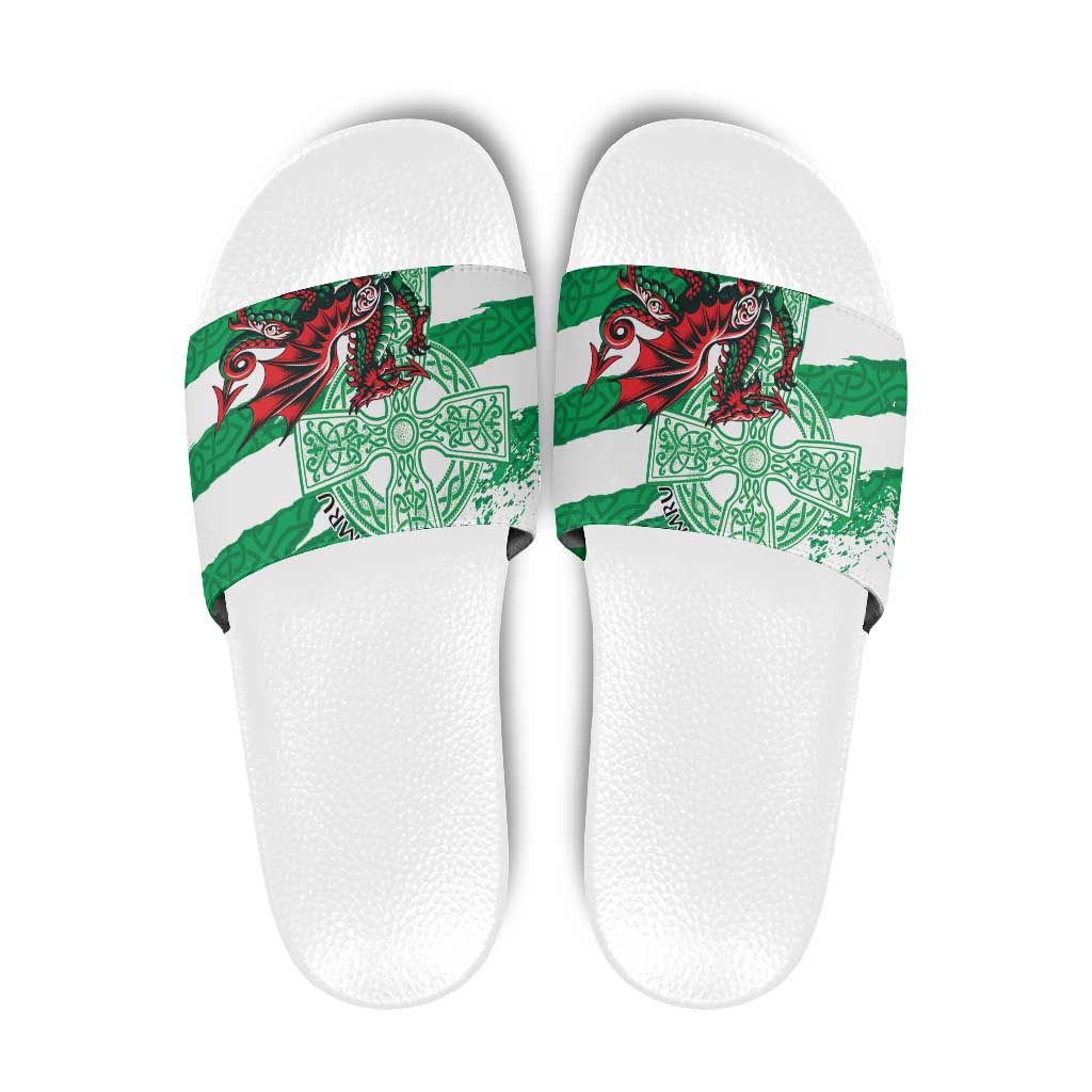 Wales Celtic Cross Slide Sandals Cymru Am Byth Green Version - Wonder Print Shop