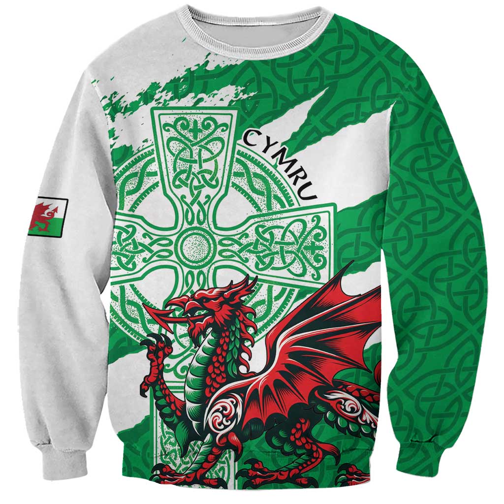 Wales Celtic Cross Sweatshirt Cymru Am Byth Green Version - Wonder Print Shop