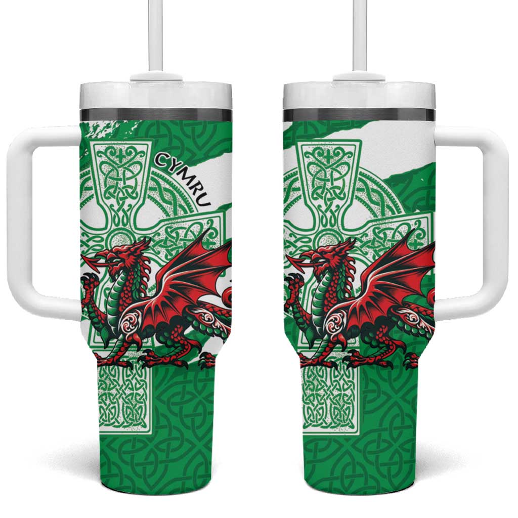 Wales Celtic Cross Tumbler With Handle Cymru Am Byth Green Version - Wonder Print Shop