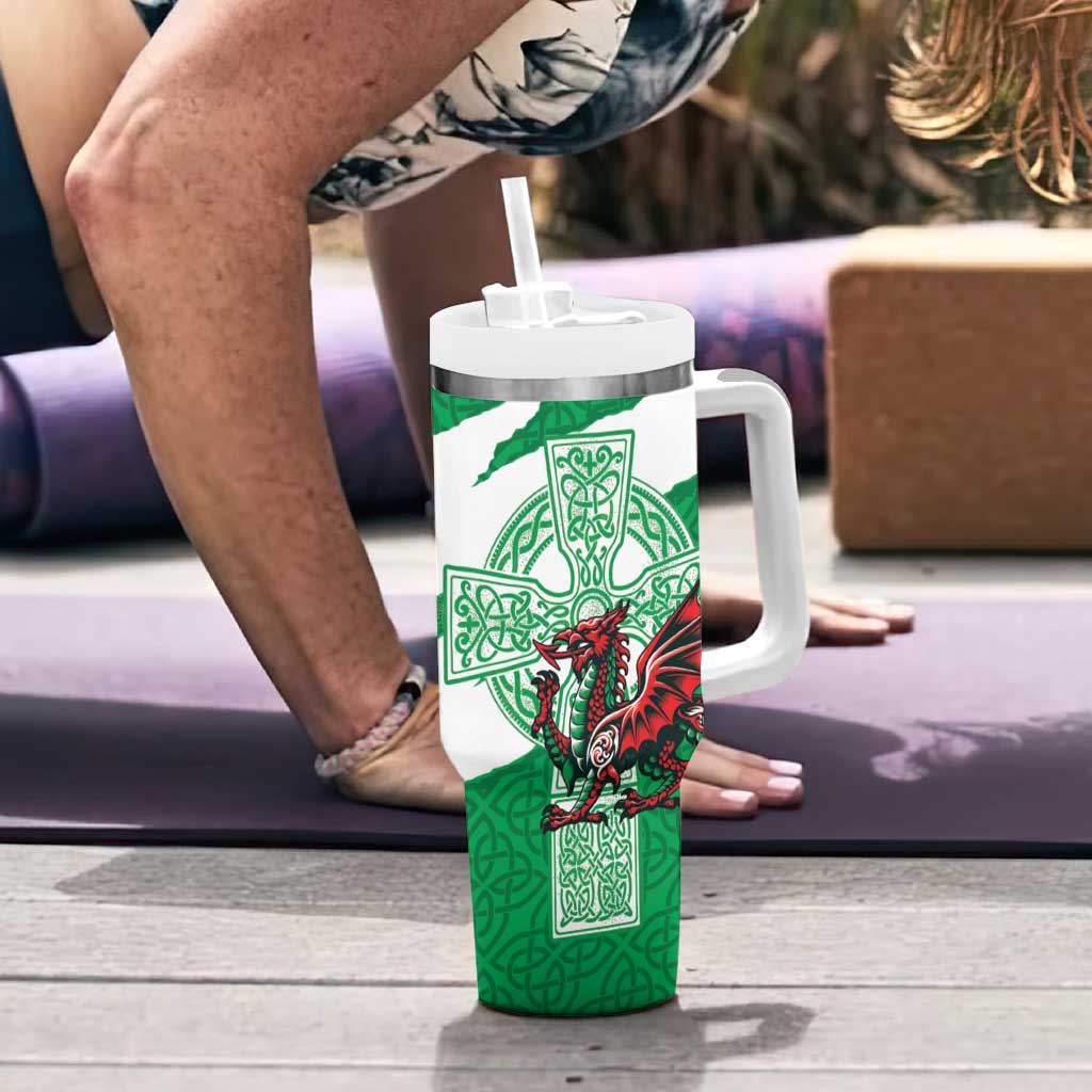 Wales Celtic Cross Tumbler With Handle Cymru Am Byth Green Version - Wonder Print Shop