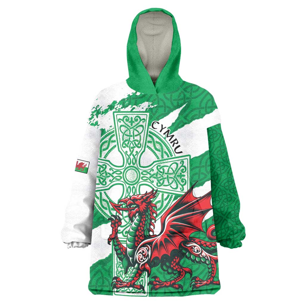 Wales Celtic Cross Wearable Blanket Hoodie Cymru Am Byth Green Version - Wonder Print Shop