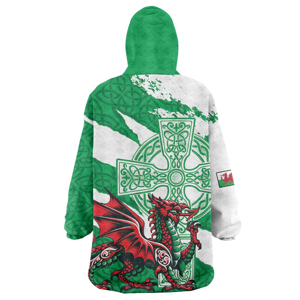 Wales Celtic Cross Wearable Blanket Hoodie Cymru Am Byth Green Version - Wonder Print Shop