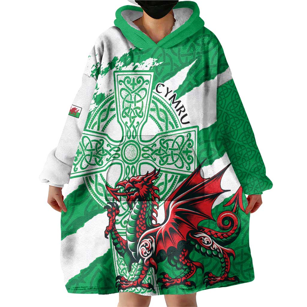 Wales Celtic Cross Wearable Blanket Hoodie Cymru Am Byth Green Version - Wonder Print Shop