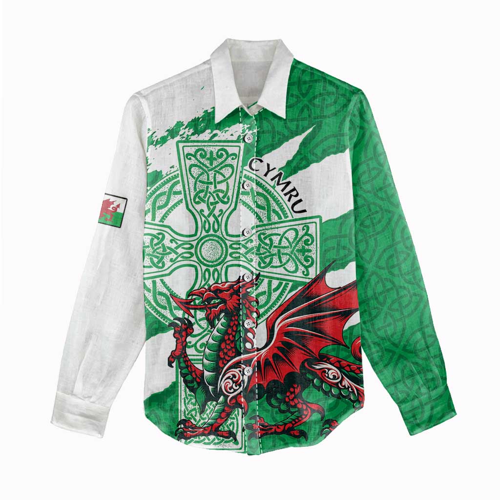 Wales Celtic Cross Women Casual Shirt Cymru Am Byth Green Version - Wonder Print Shop