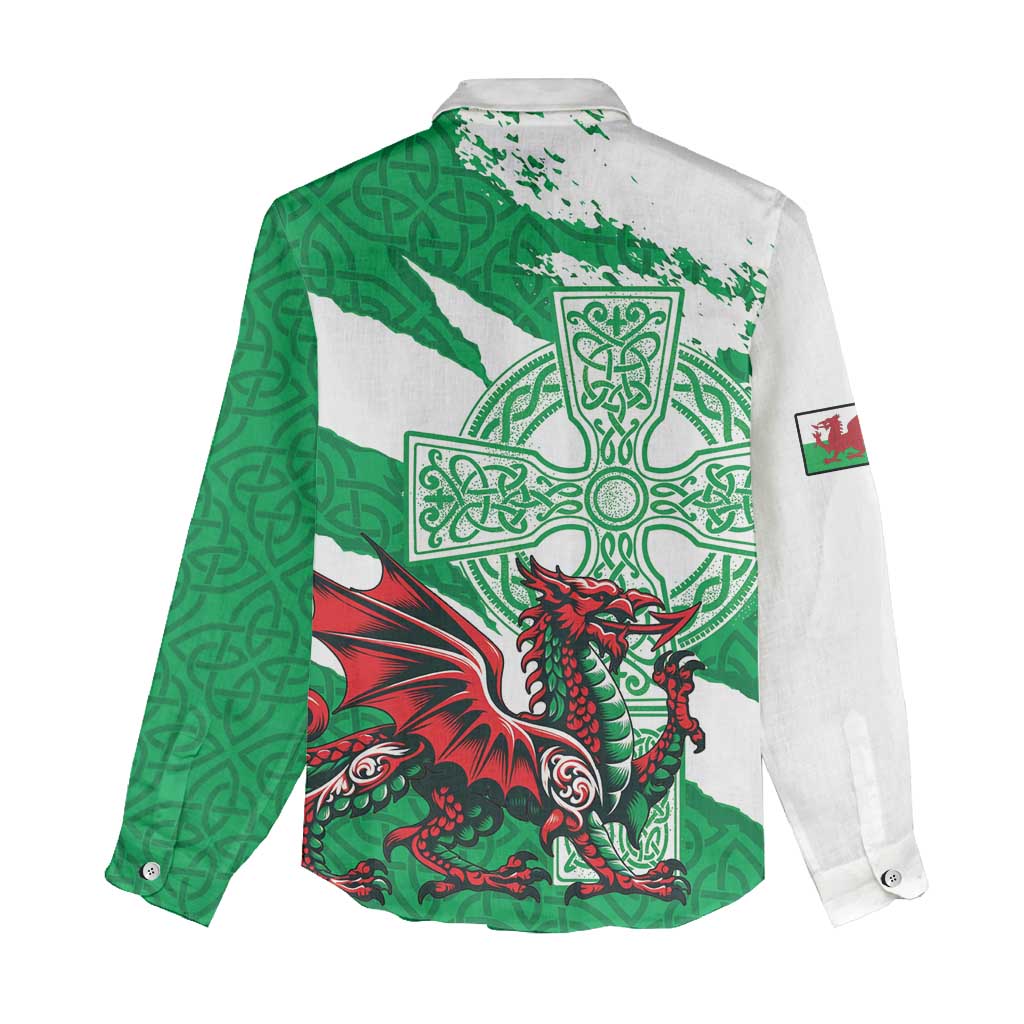 Wales Celtic Cross Women Casual Shirt Cymru Am Byth Green Version - Wonder Print Shop