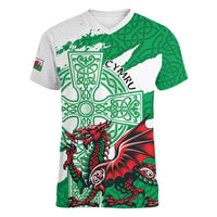 Wales Celtic Cross Women V-Neck T-Shirt Cymru Am Byth Green Version - Wonder Print Shop