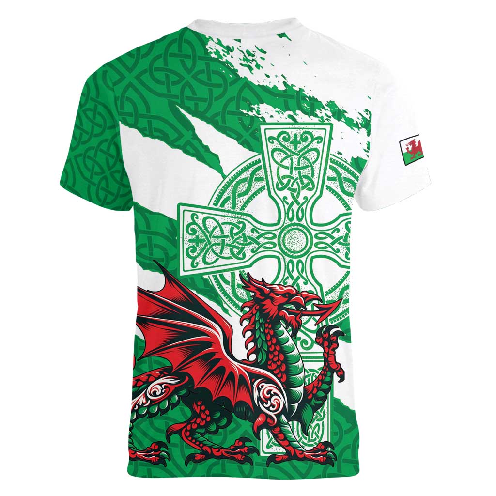 Wales Celtic Cross Women V-Neck T-Shirt Cymru Am Byth Green Version - Wonder Print Shop